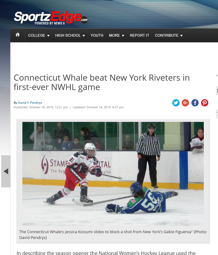 A screenshot of an article from the Riveters playing the Whale for WTNH Sportzedge